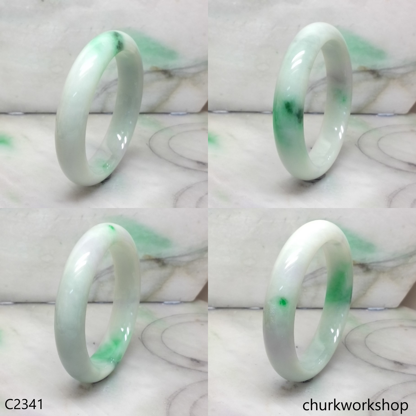 White base with splotches apple green  jade bangle