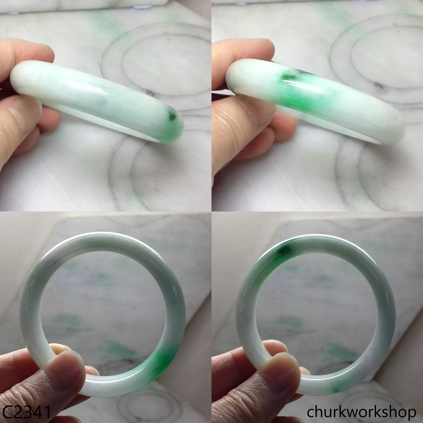 White base with splotches apple green  jade bangle