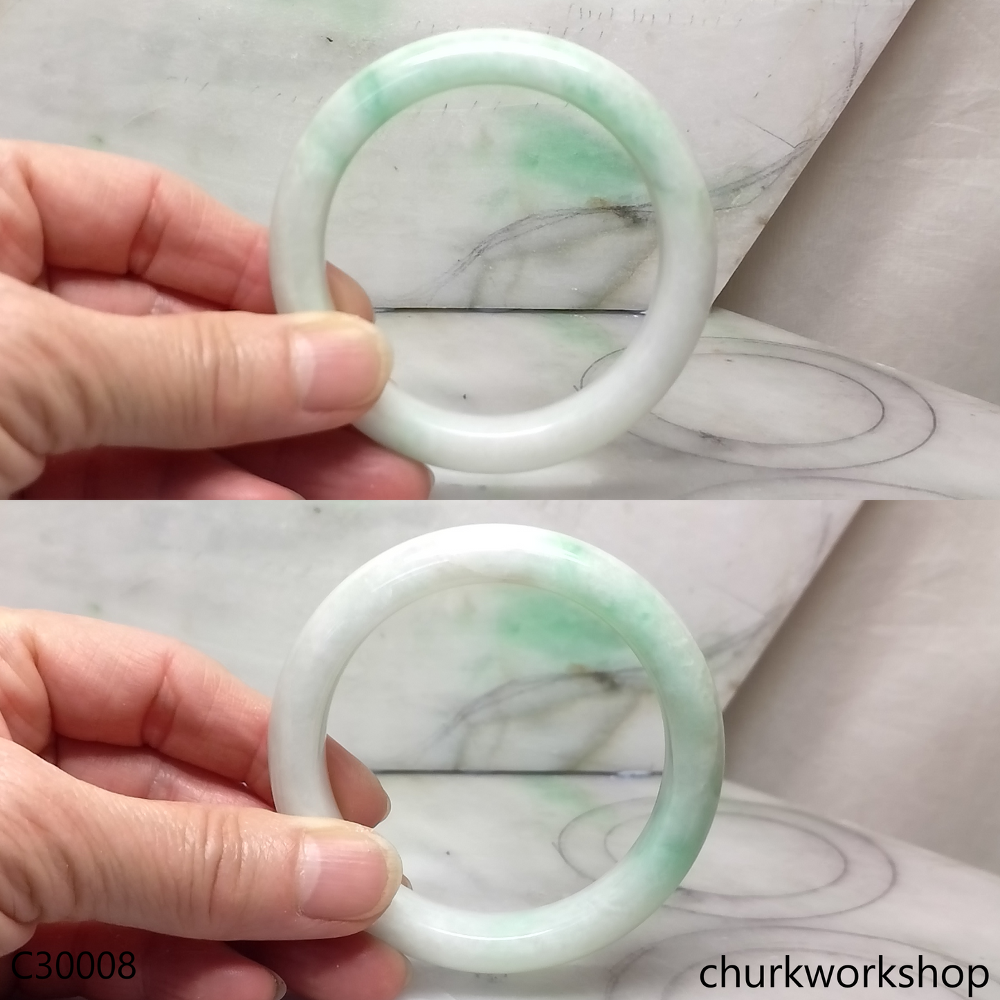 White base with splotches green jade bangle
