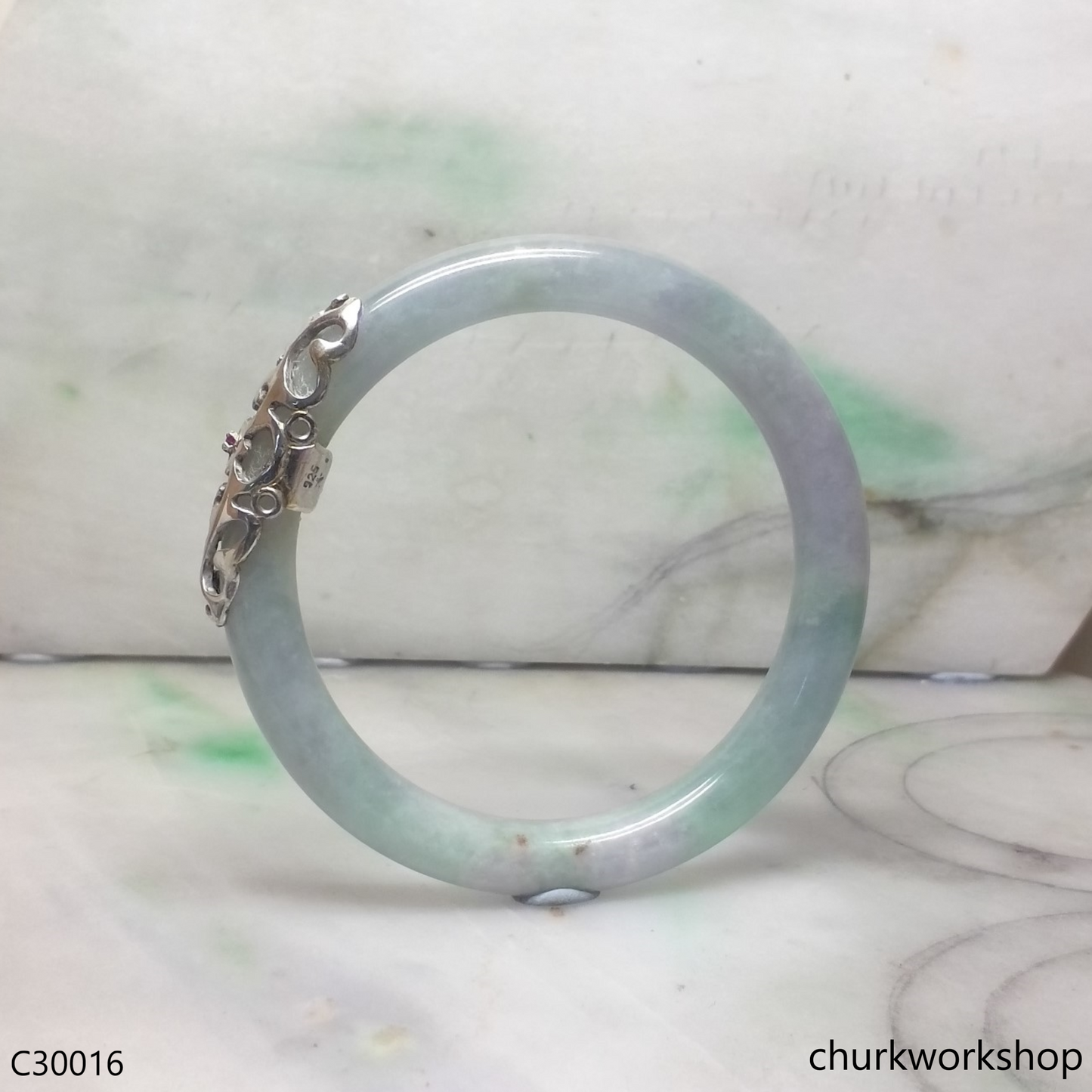 Light green mix lavender jade bangle with silver wrap