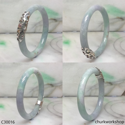 Light green mix lavender jade bangle with silver wrap