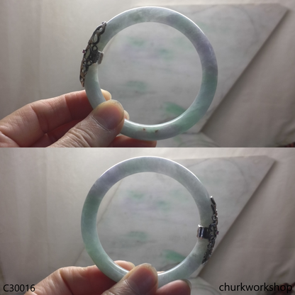 Light green mix lavender jade bangle with silver wrap