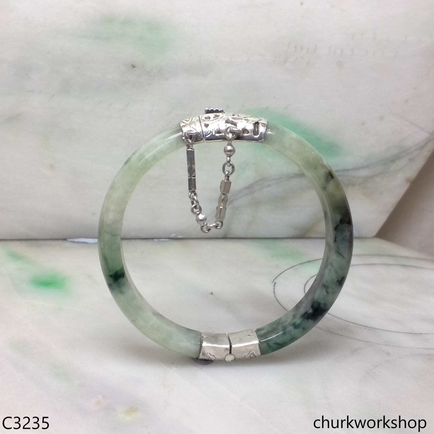 Light & dark bluish green jade hinged bangle