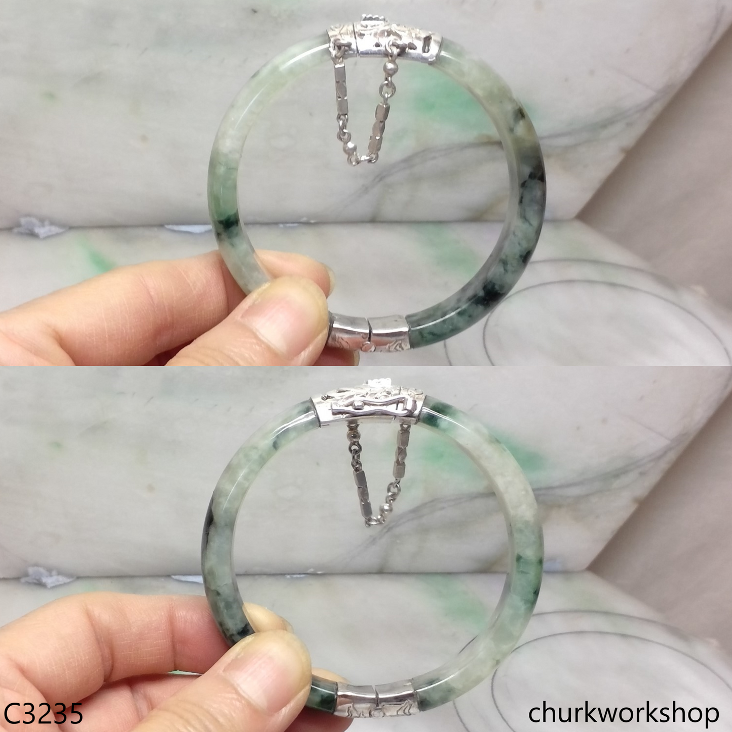 Light & dark bluish green jade hinged bangle