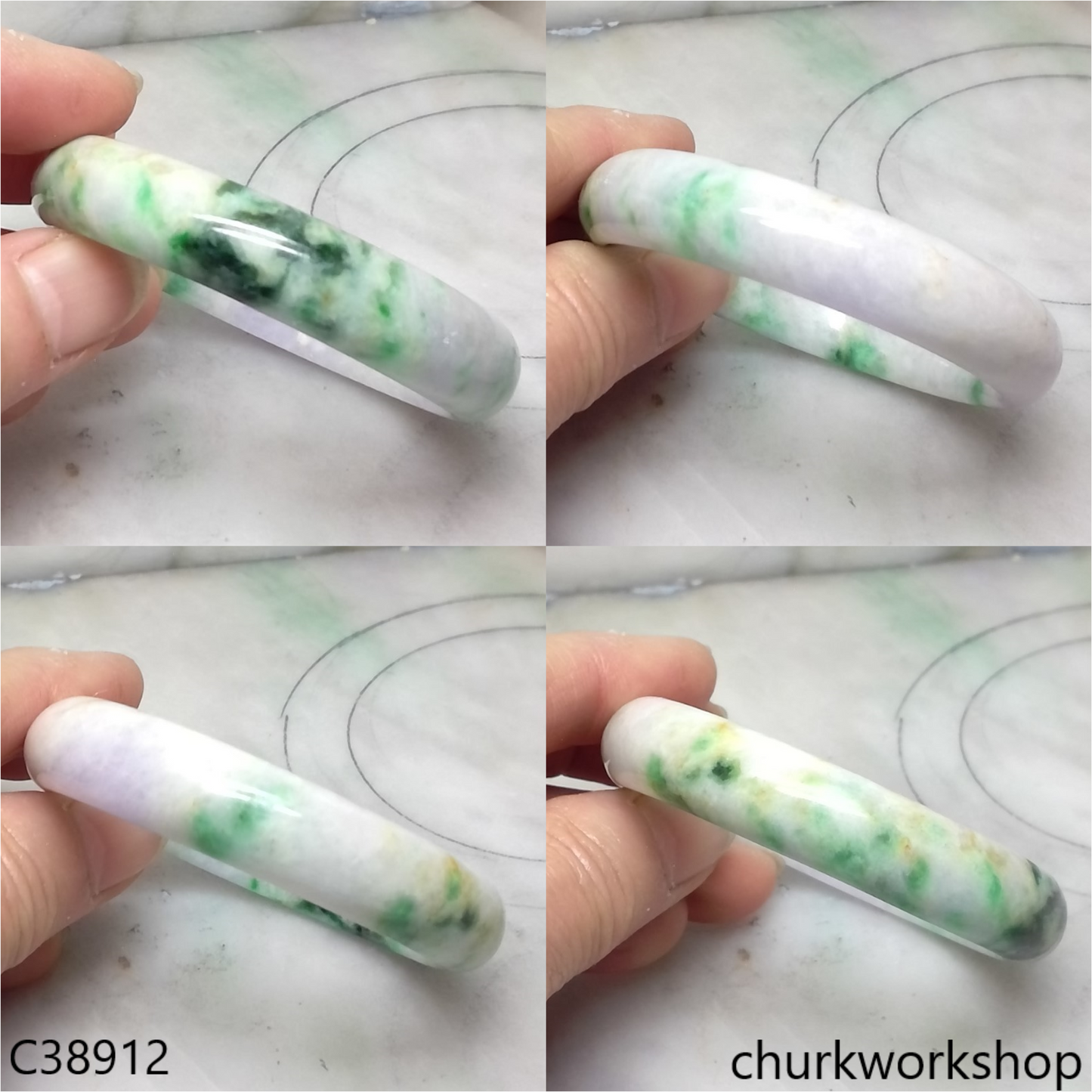 White base with splotches lavender & green jade bangle