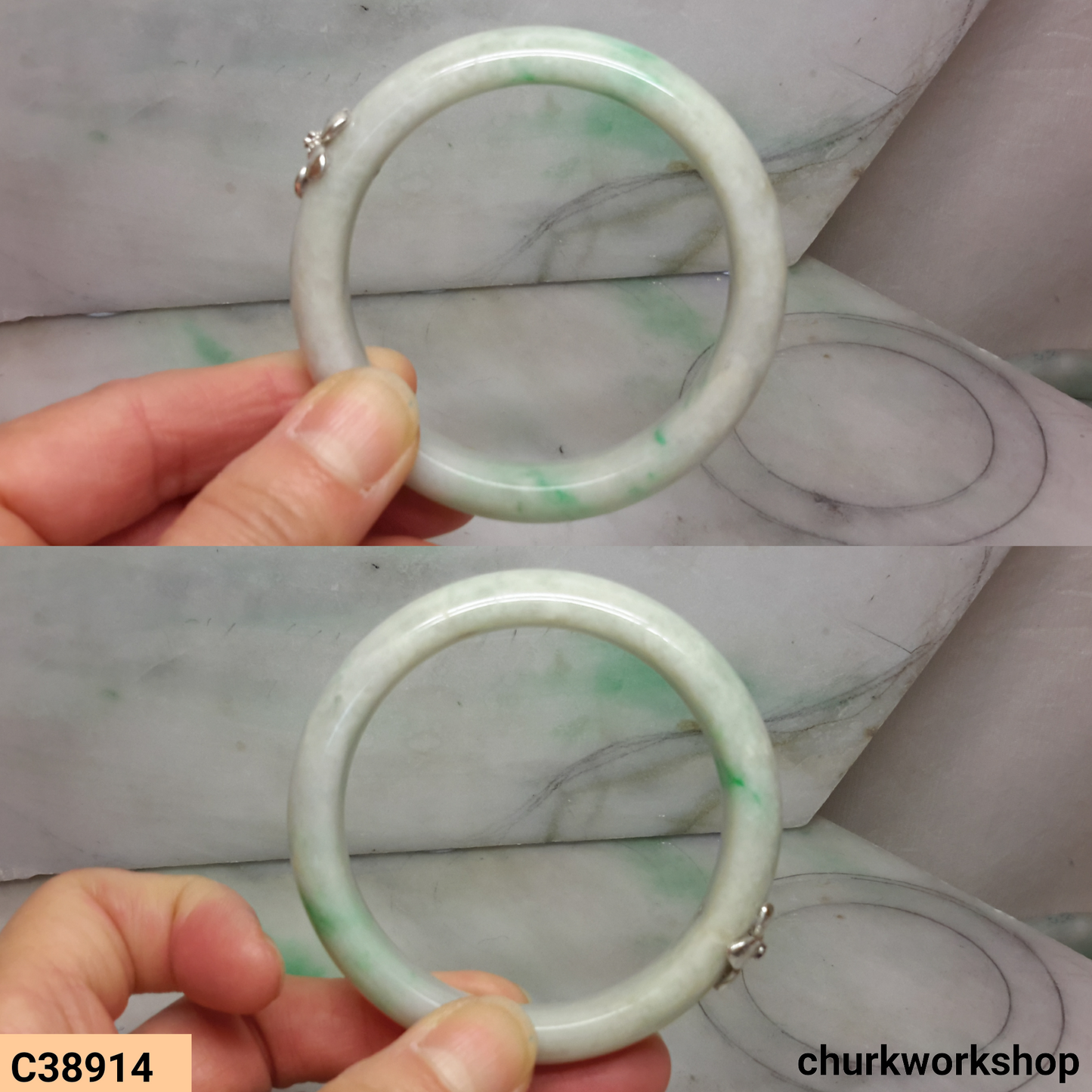 White base with splotches green jade bangle