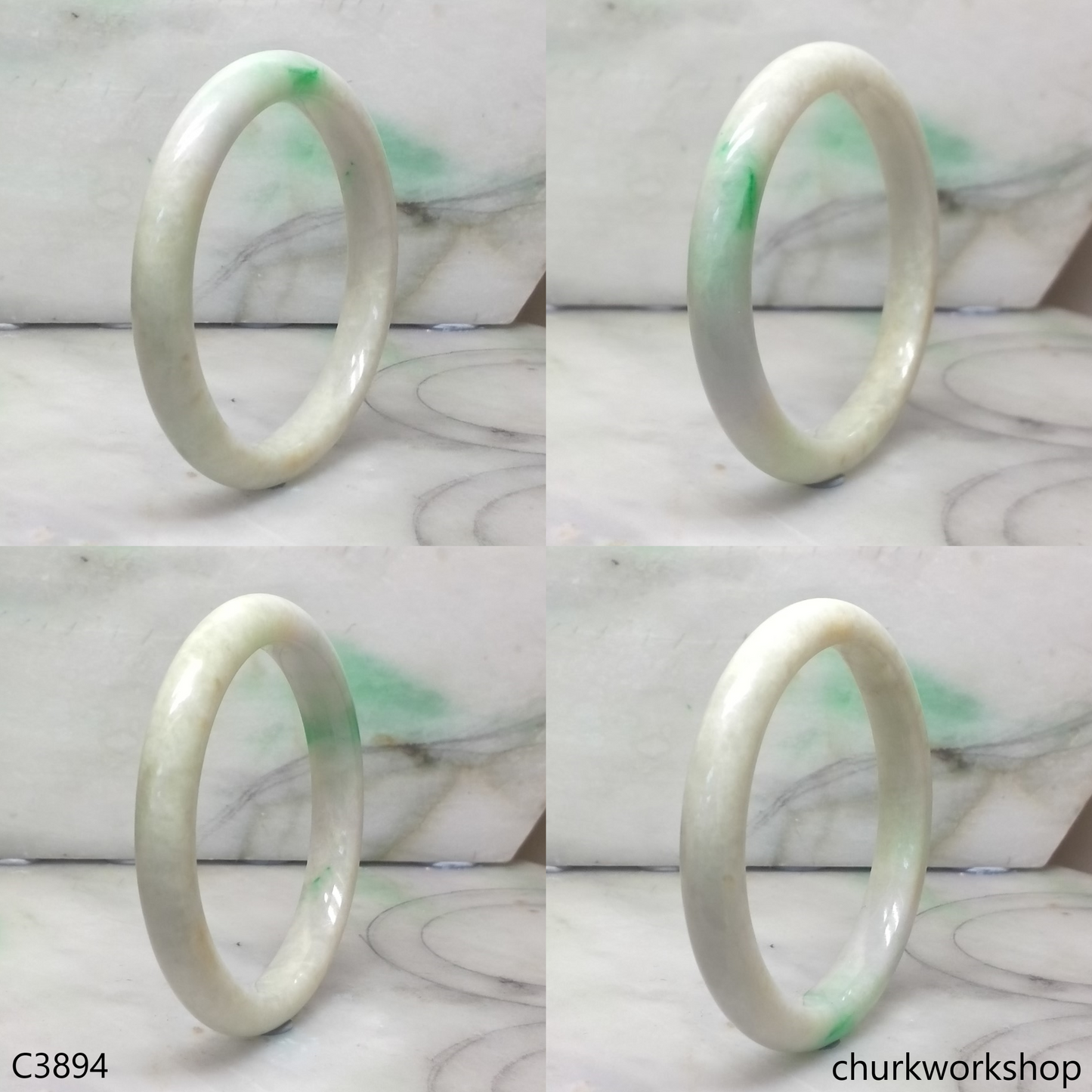 White base with splotches green jade bangle