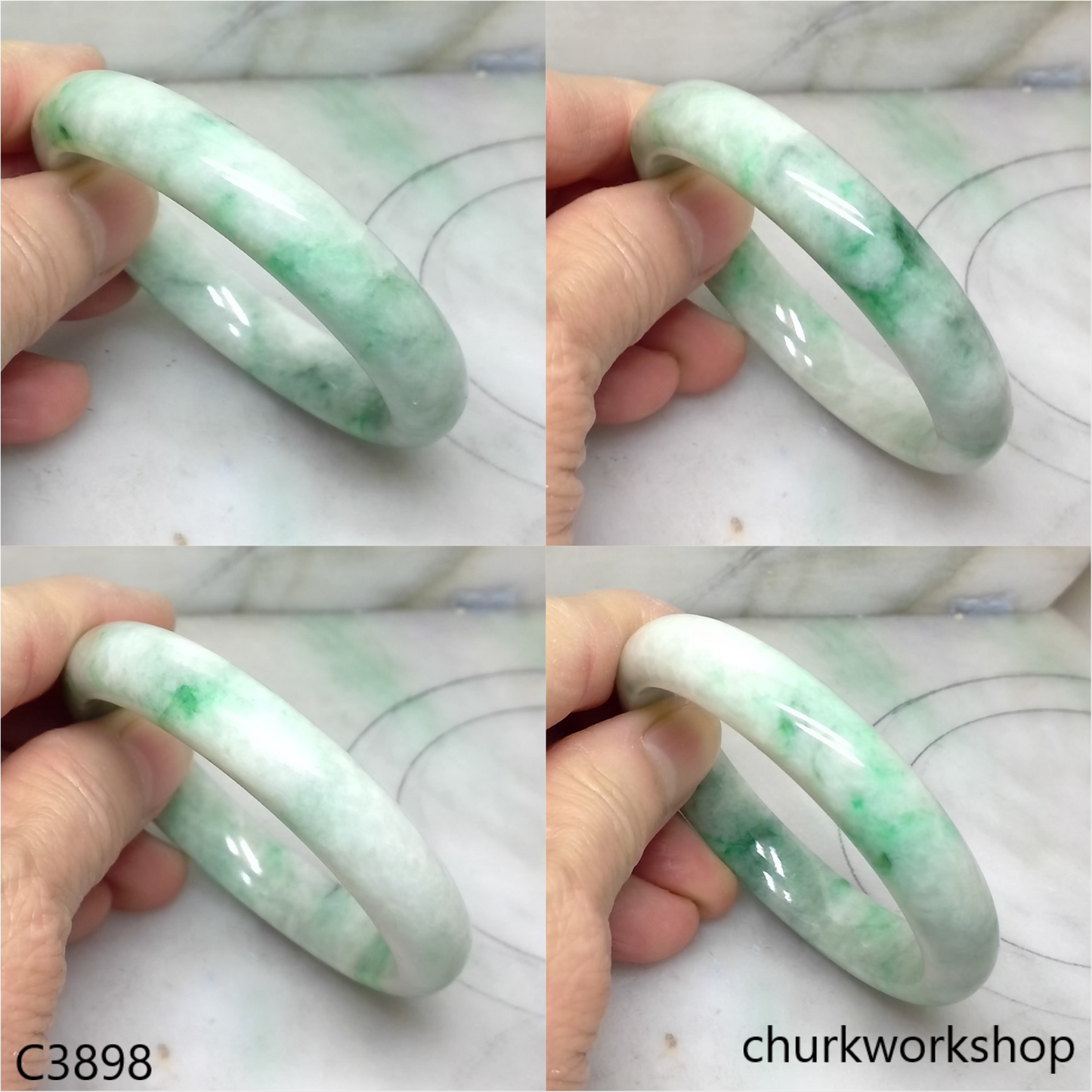 White base with splotches green jade bangle
