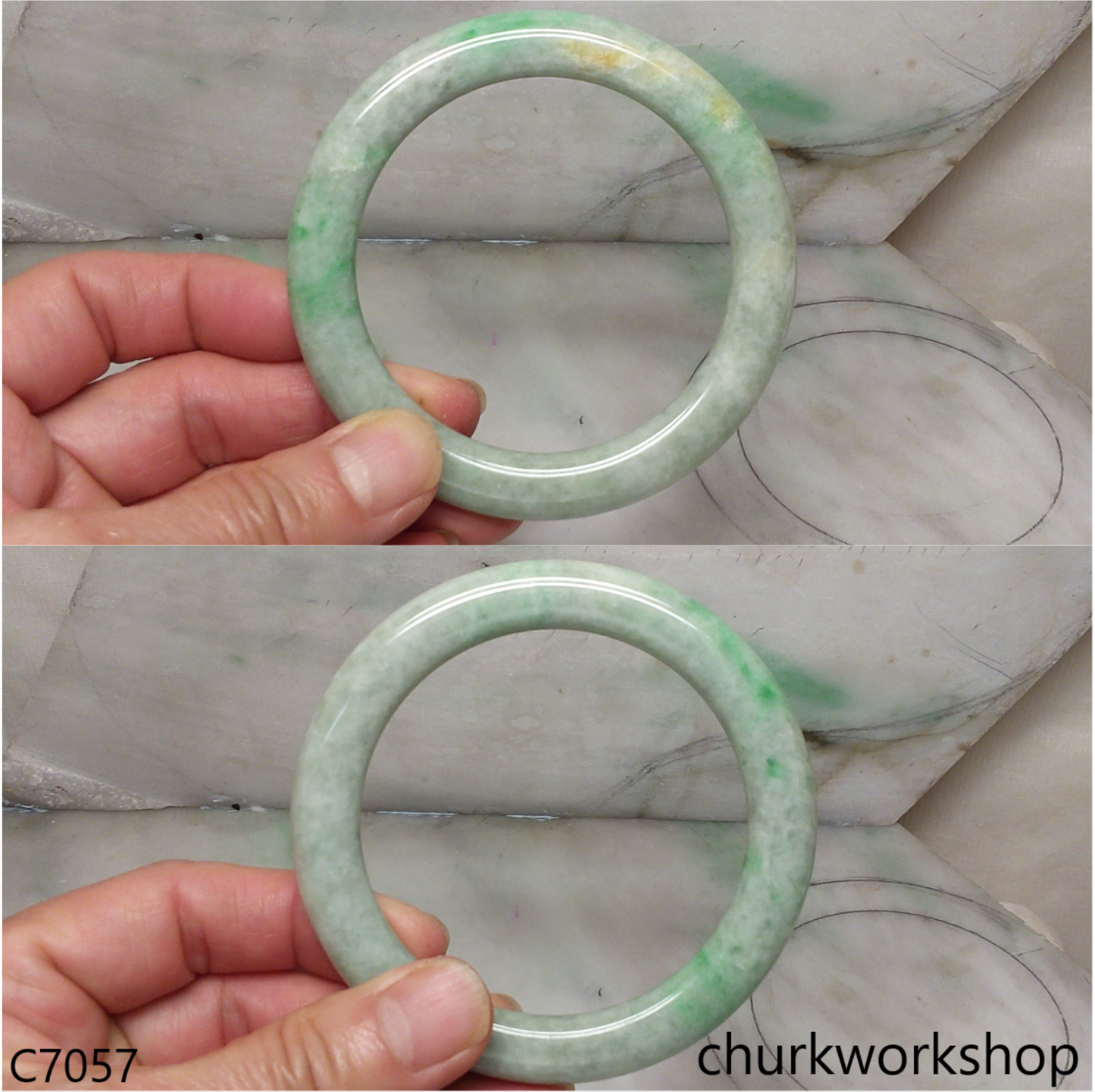 Large light green with splotches green jade bangle