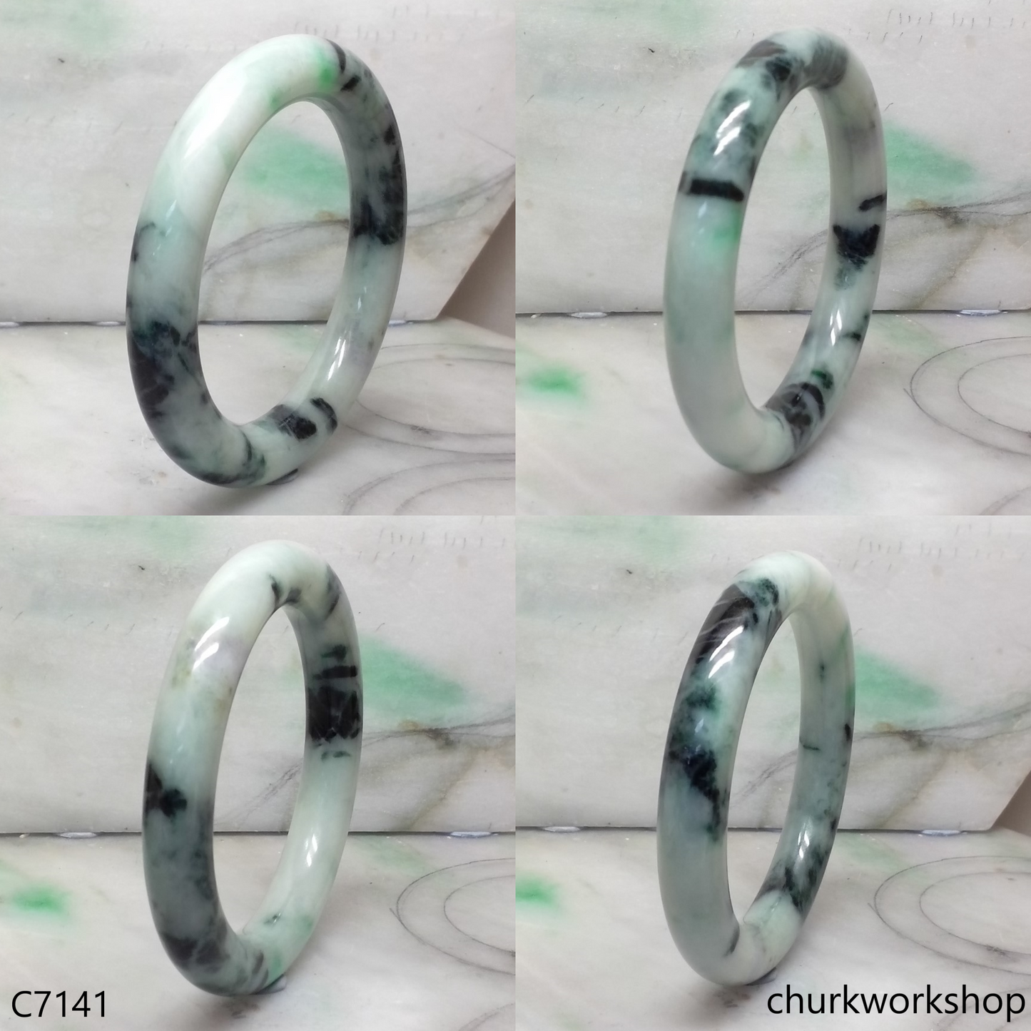 Large light green with splotches dark green jade bangle