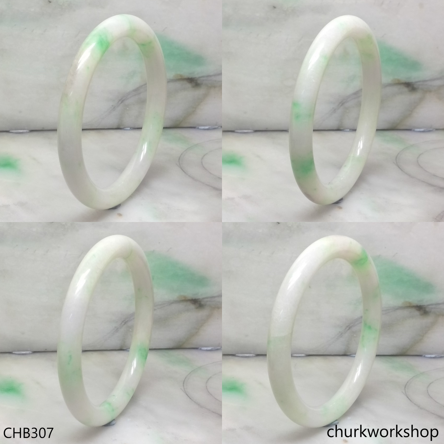 White base with splotches green jade bangle