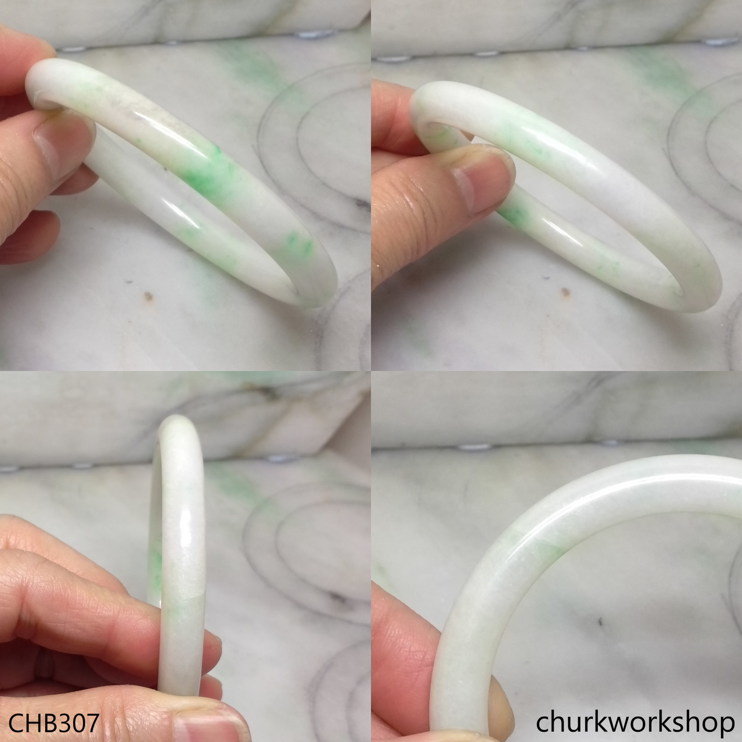 White base with splotches green jade bangle