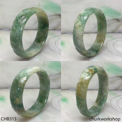 Multi-color carved oval jade bangle