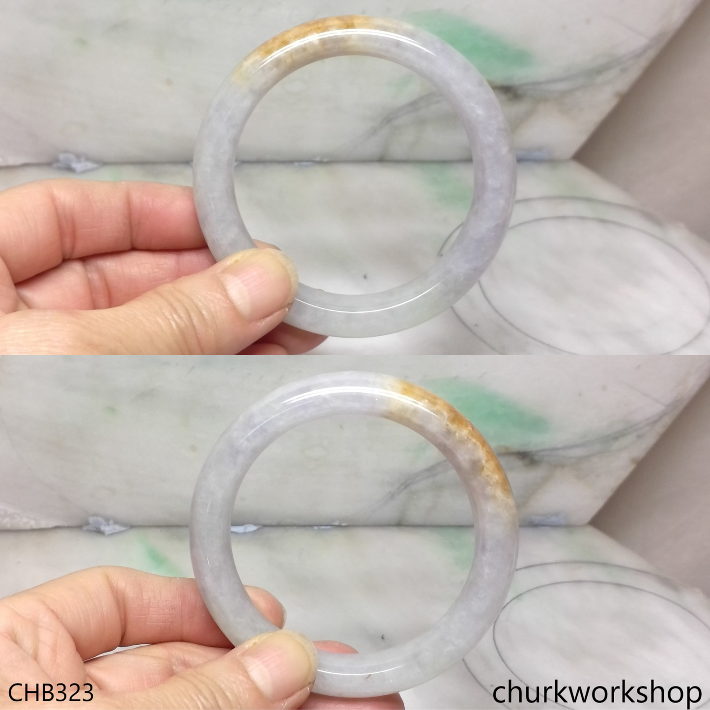 Light green & lavender with splotches brown jade bangle