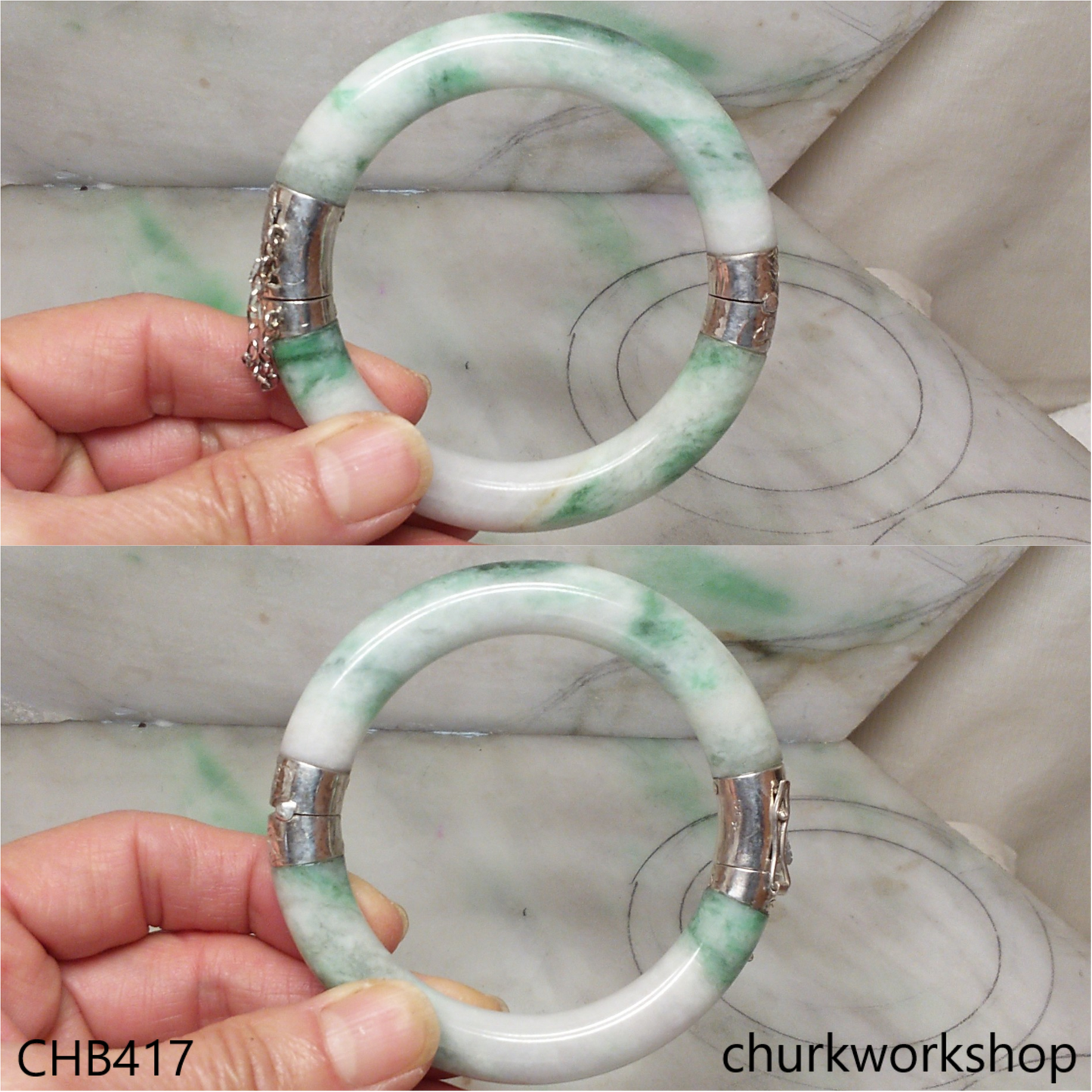White & green hinges jade bangle