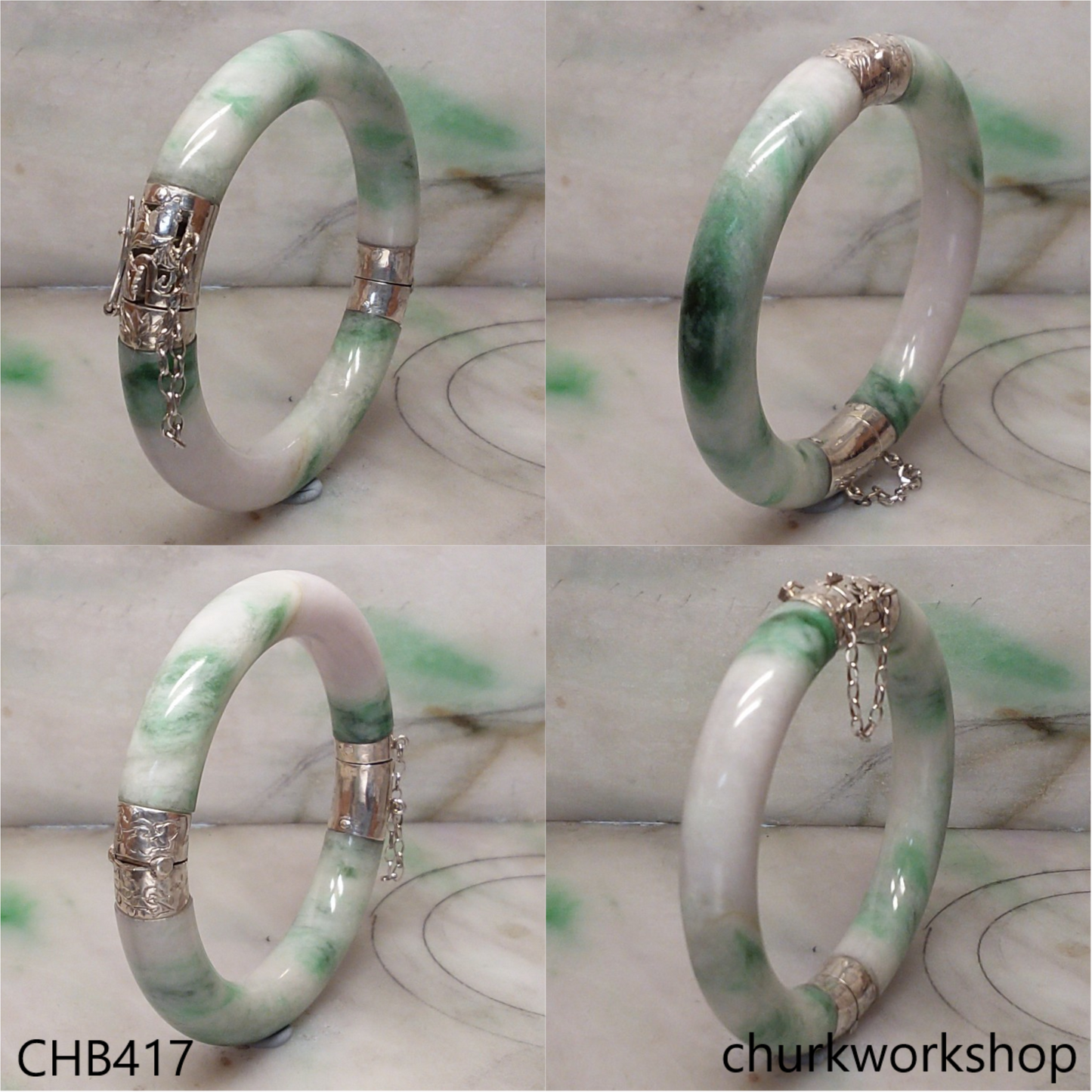 White & green hinges jade bangle