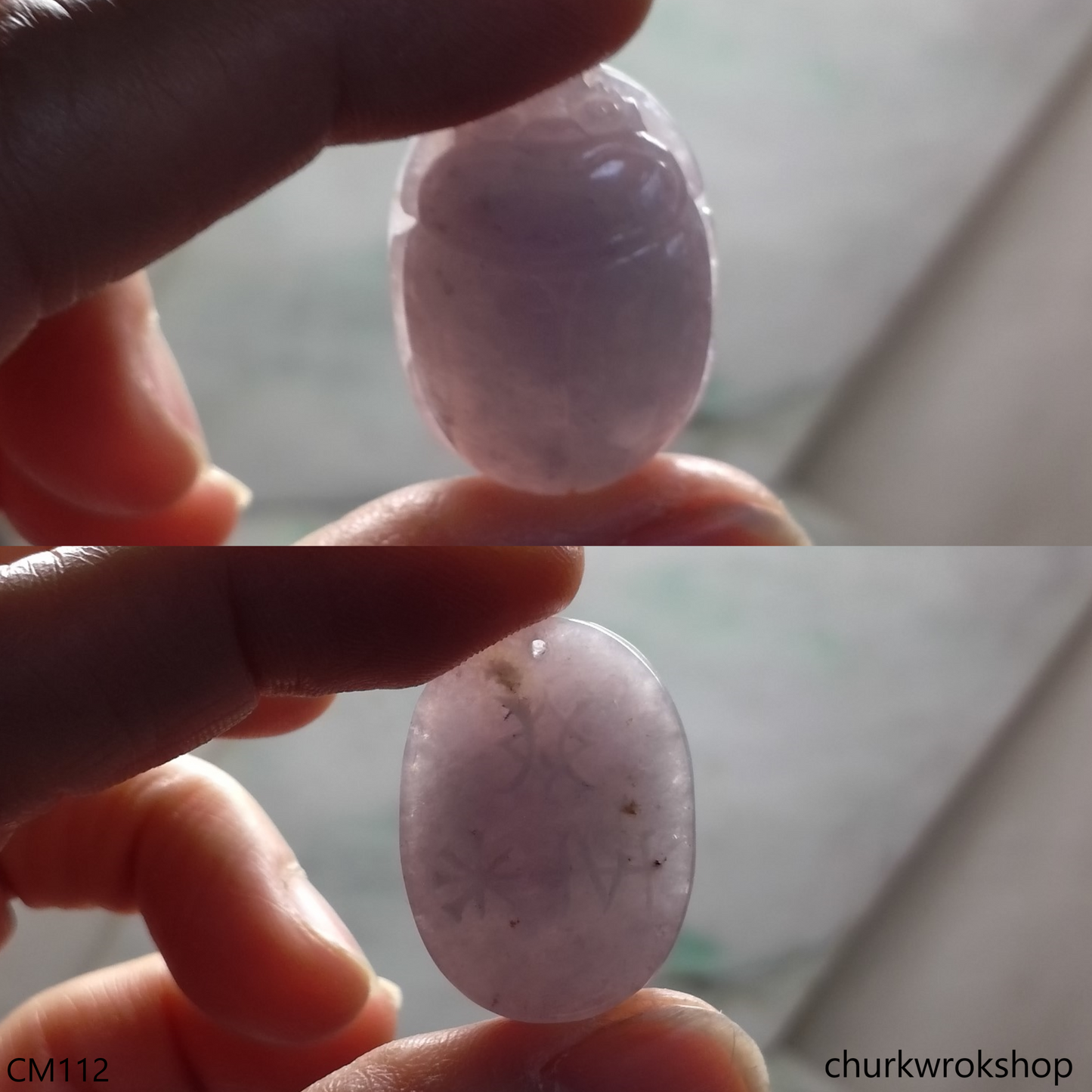Custom cut lavender jade scarab