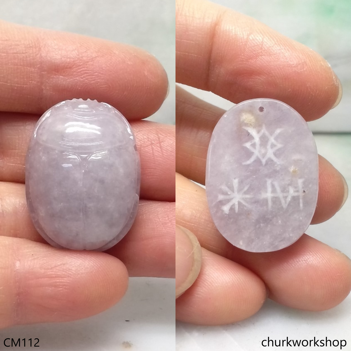 Custom cut lavender jade scarab