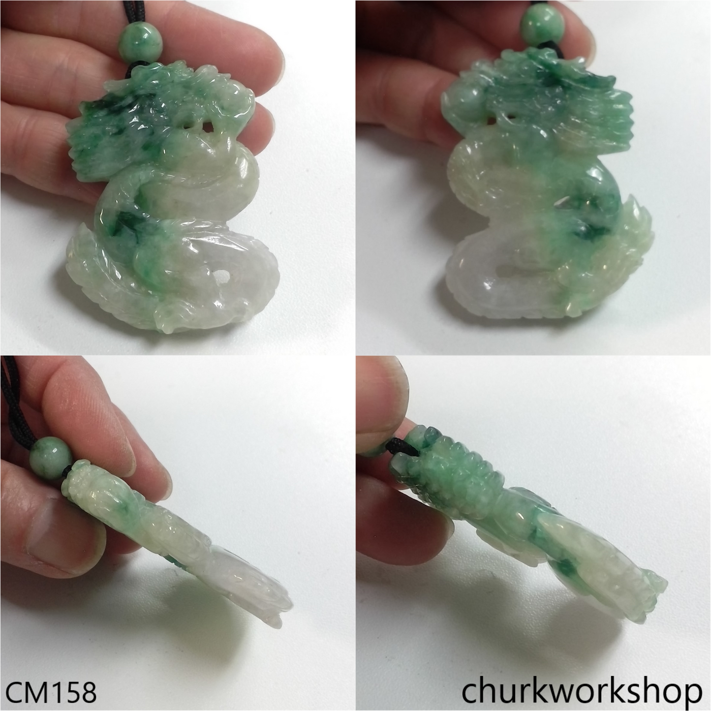 Custom cut Dragon jade pendant with black cord