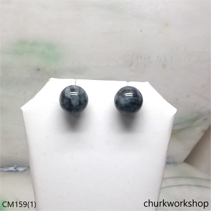 Custom cut bluish green 14K white gold ear studs