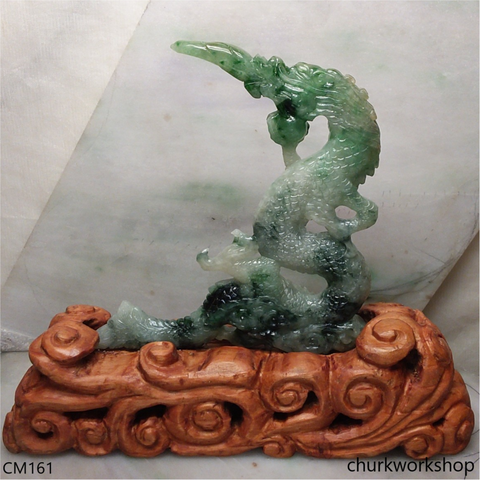 Reserved for Lou  Custom cut Jade Dragon sculpture with custom wood stand