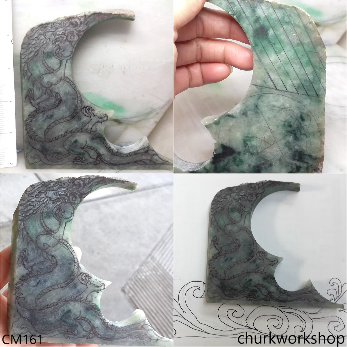 Reserved for Lou  Custom cut Jade Dragon sculpture with custom wood stand