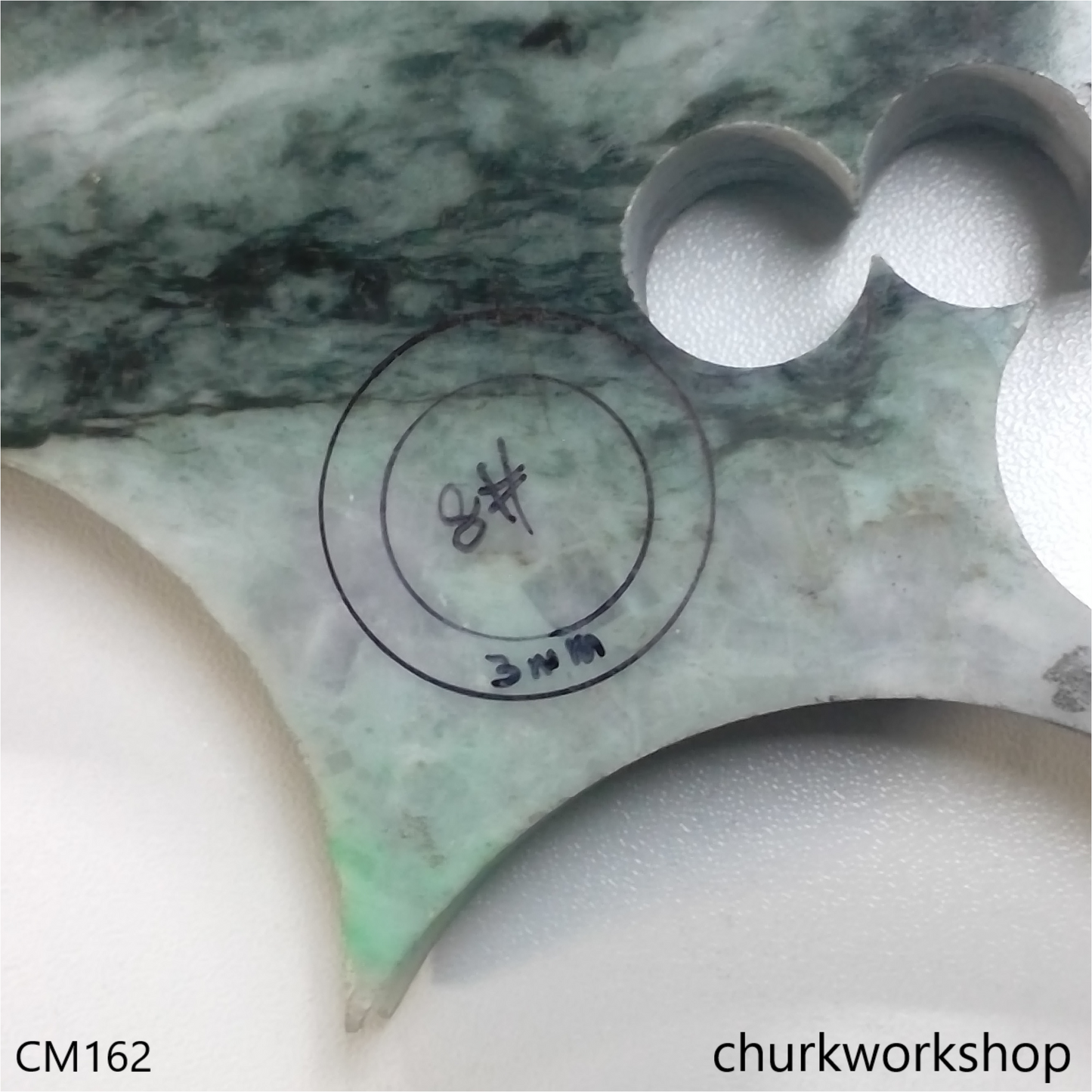 Custom cut white base with bluish green jade band
