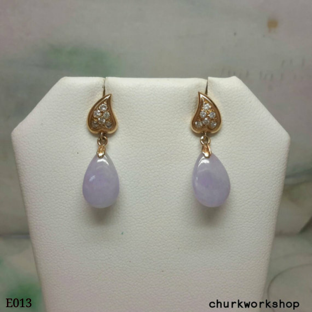 Lavender jade earrings, 18k dangling jade earrings