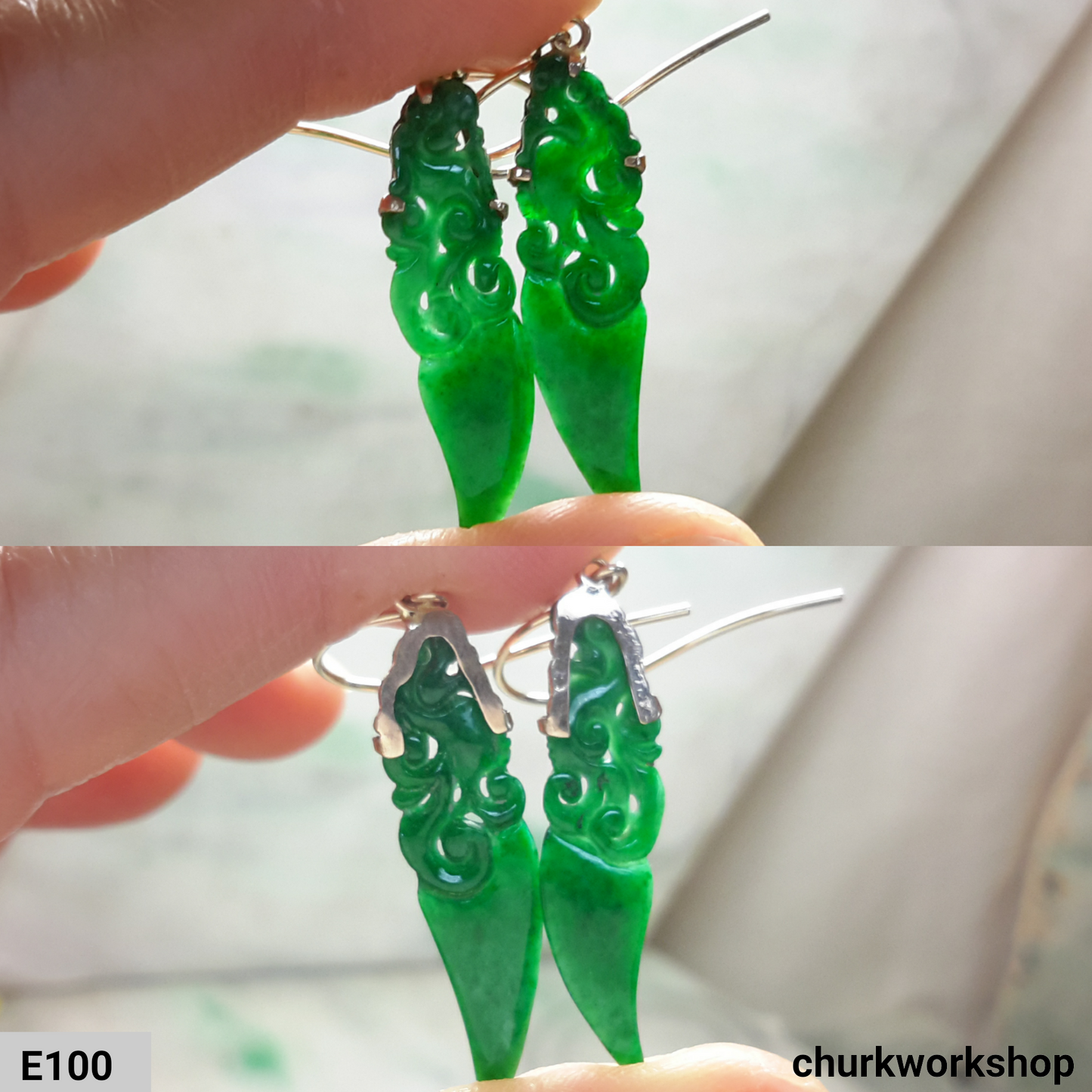 14K dangling jade earring