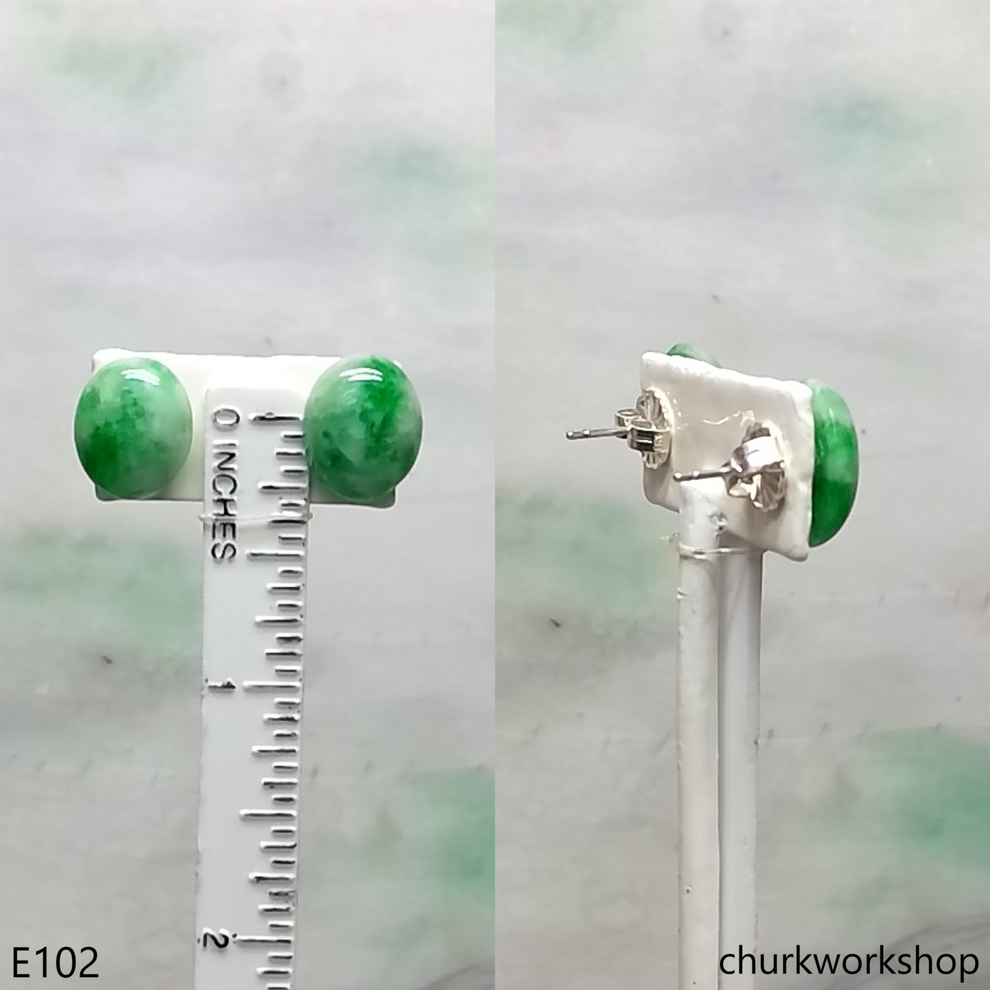Green jade cabochon silver ear studs