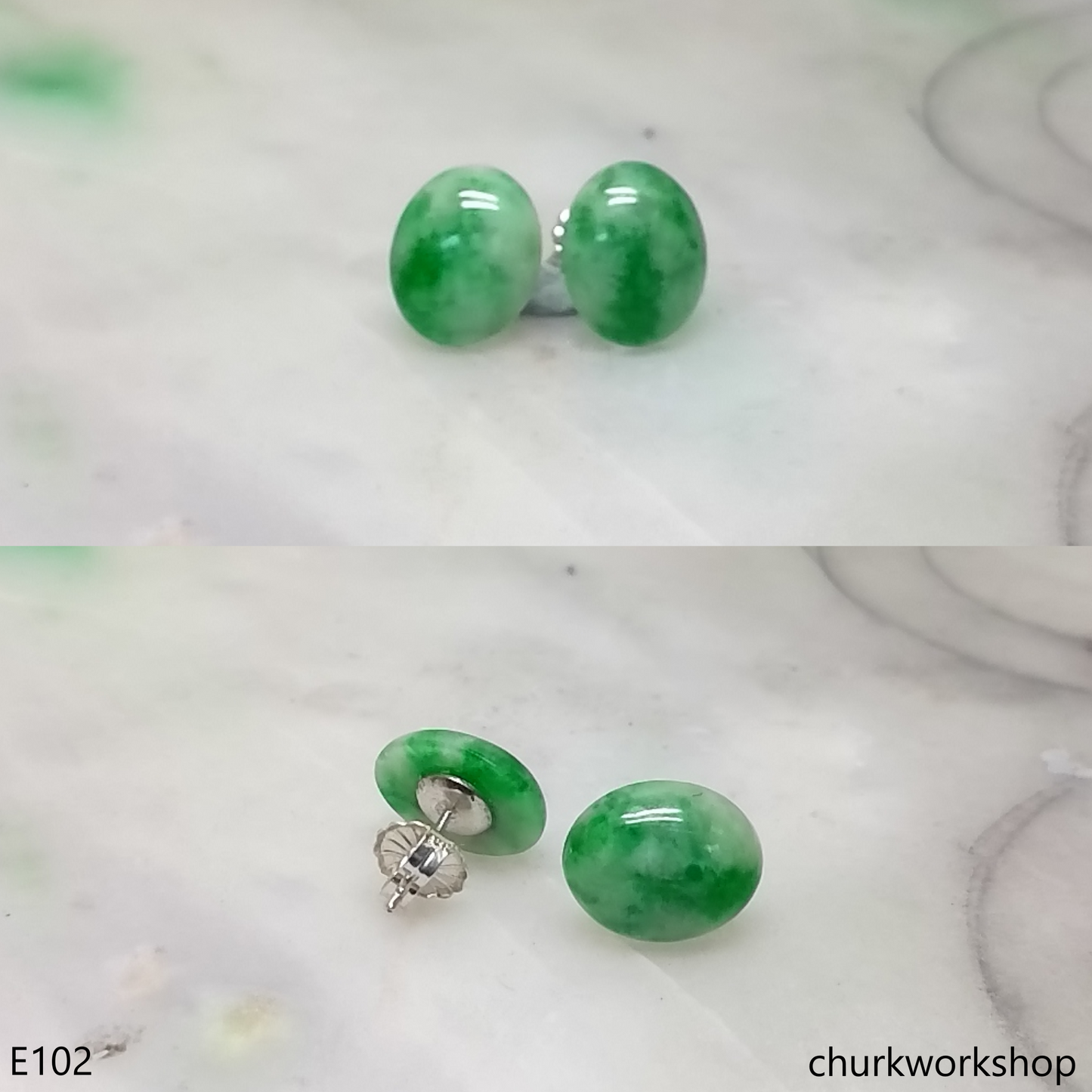 Green jade cabochon silver ear studs