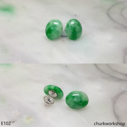 Green jade cabochon silver ear studs