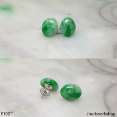 Green jade cabochon silver ear studs