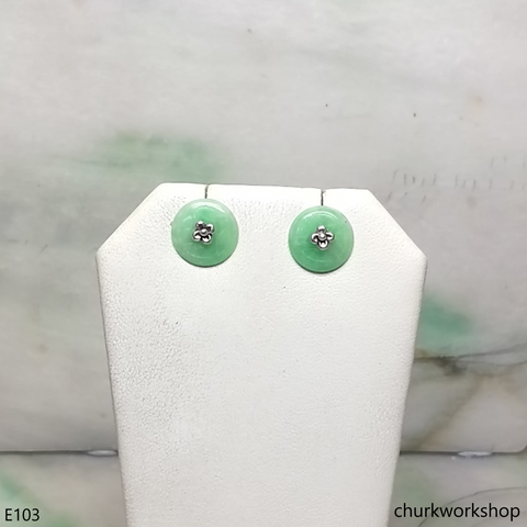 Light green Chinese old coin shape jade silver ear studs