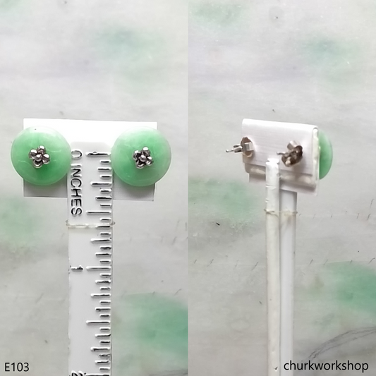Light green Chinese old coin shape jade silver ear studs