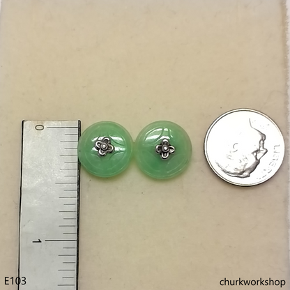 Light green Chinese old coin shape jade silver ear studs