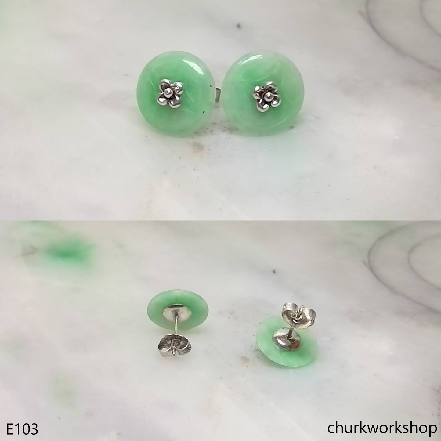 Light green Chinese old coin shape jade silver ear studs
