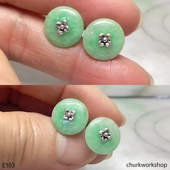 Light green Chinese old coin shape jade silver ear studs