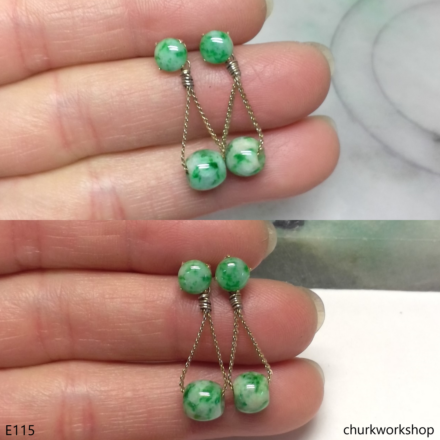 14k gold green jade earrings