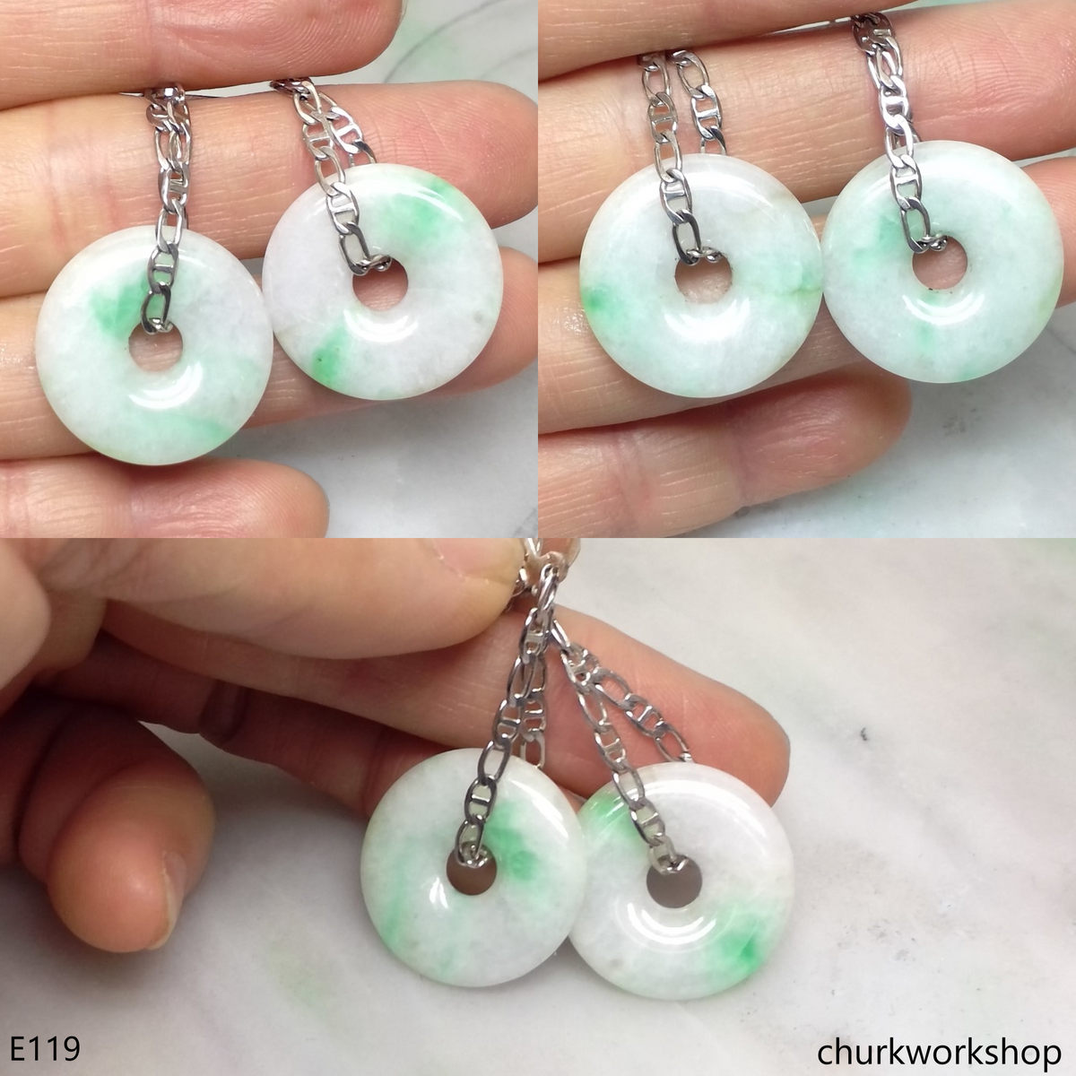 Jade donut dangling jade silver earrings