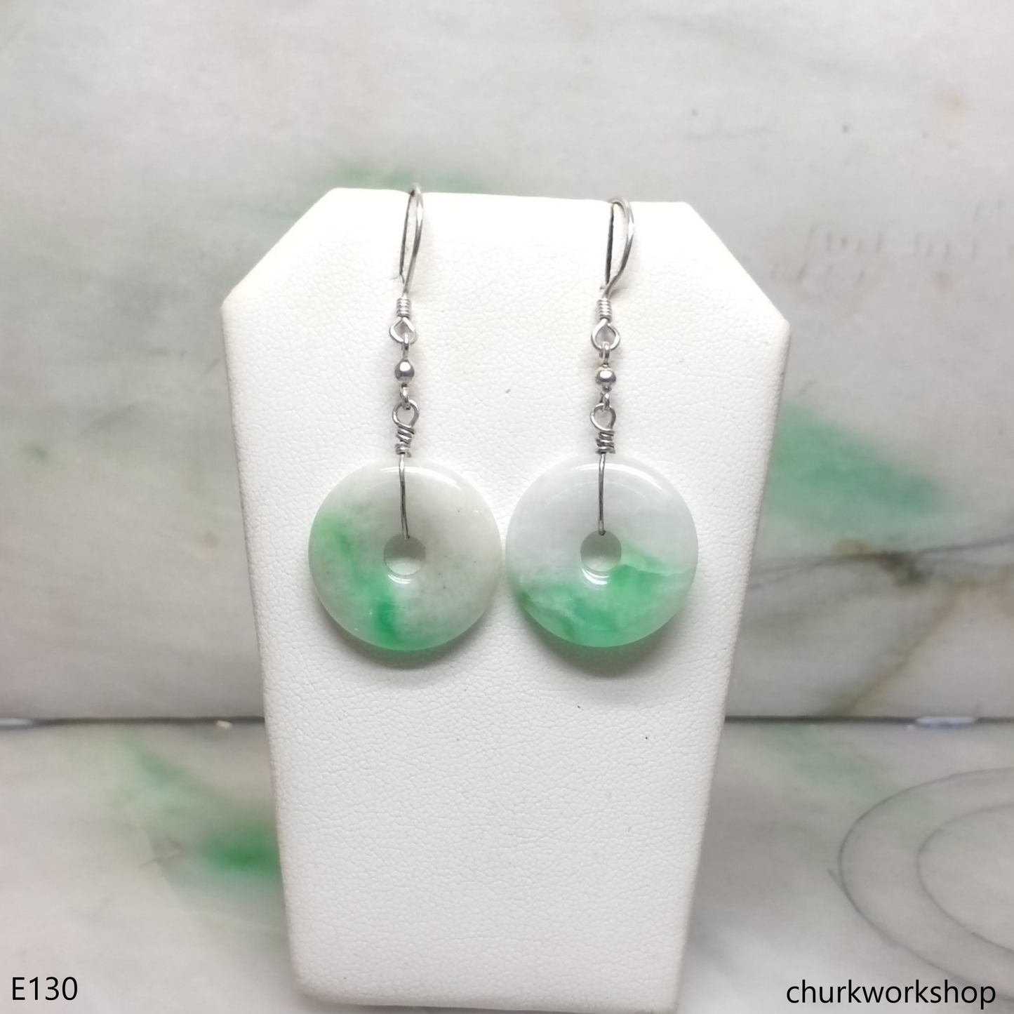 Jade donut dangling jade silver earrings