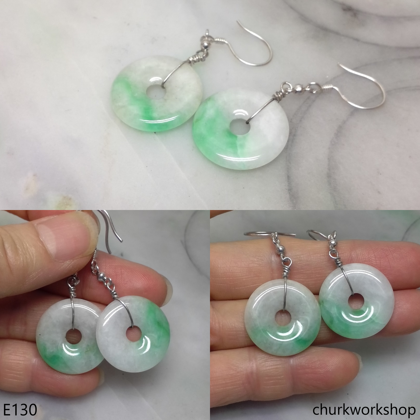 Jade donut dangling jade silver earrings