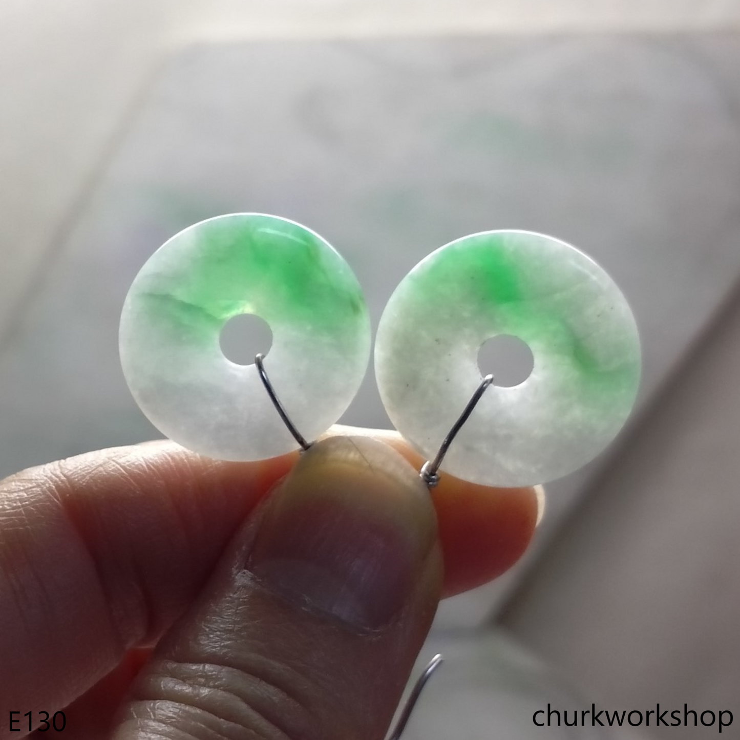 Jade donut dangling jade silver earrings