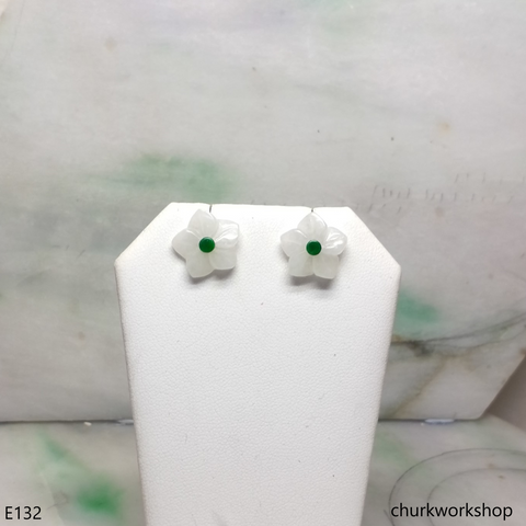 White jade flowers sterling silver ear studs