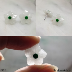 White jade flowers sterling silver ear studs