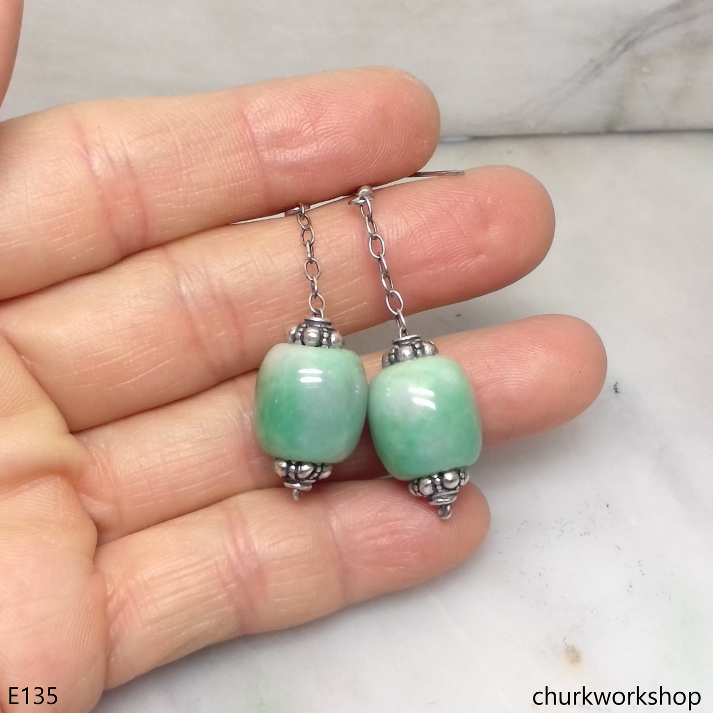 Light green jade bead earrings
