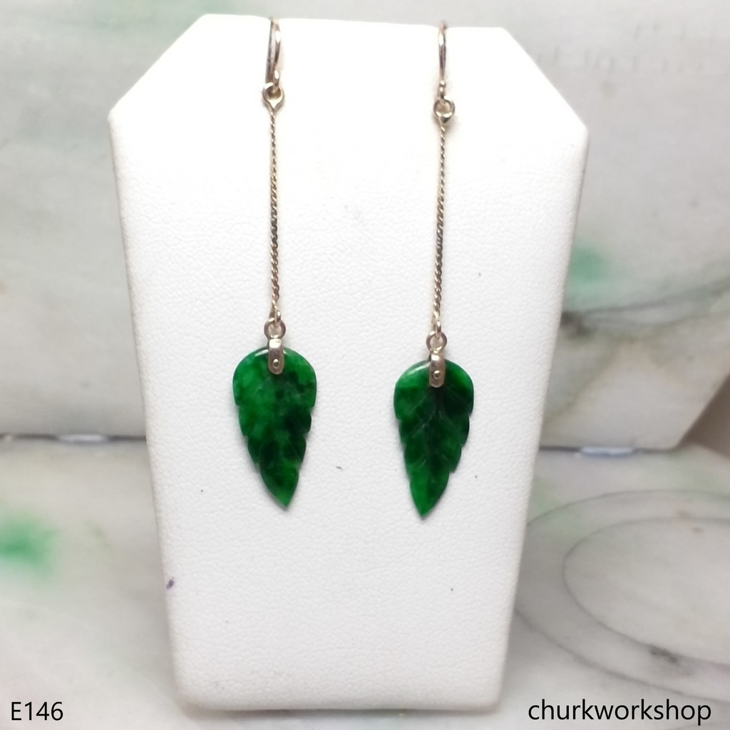 Dark green jade leaf 14K yellow gold earrings