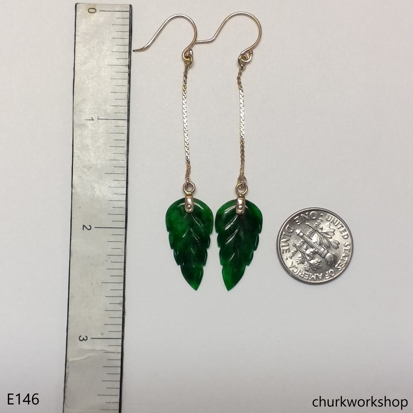 Dark green jade leaf 14K yellow gold earrings