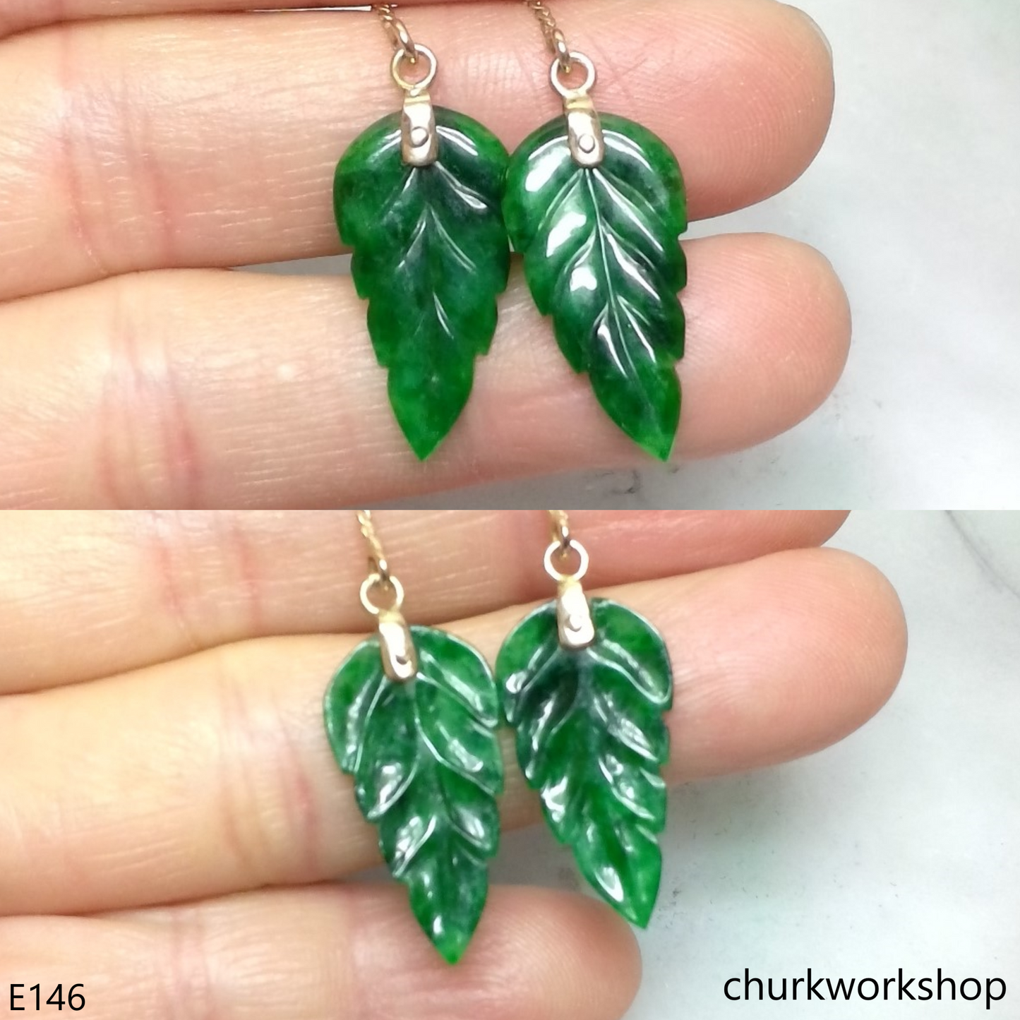 Dark green jade leaf 14K yellow gold earrings