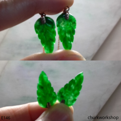 Dark green jade leaf 14K yellow gold earrings